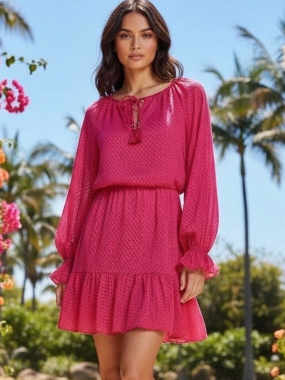 Trina Turk Magenta Viti Puff Sleeve Blouson Tie-Neck Textured Dress Large